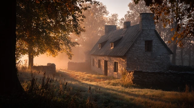 Stone Cottage in Morning Mist