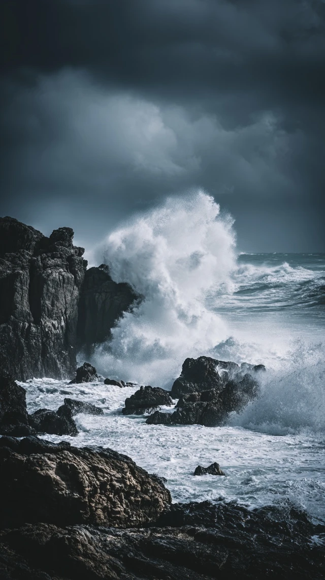 Stormy Coastal Scene Crashing Waves and Cliffs