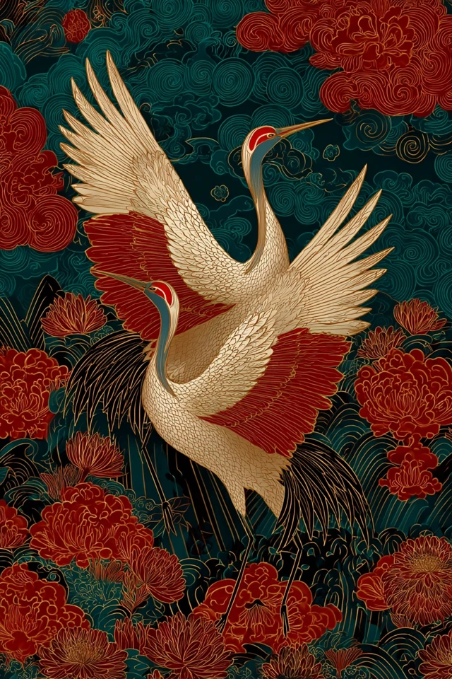 Retro Japanese Crane Art Kimono Pattern Wallpaper