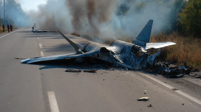 Crashed SU57 Russian Military Jet Burning on Road