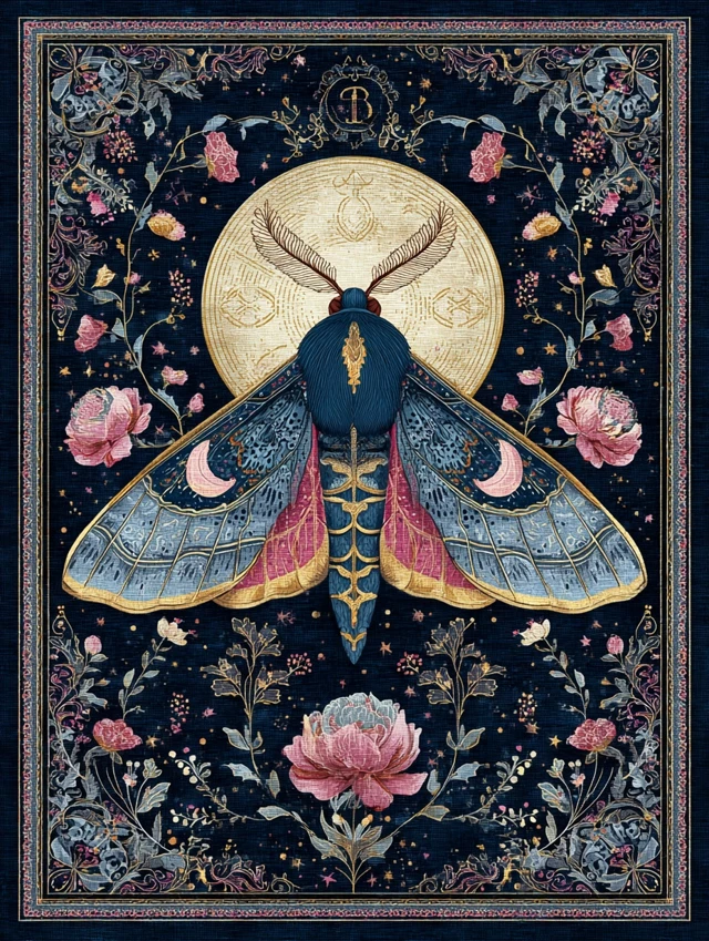 Vintage Moth Tapestry Celestial Art with Flowers