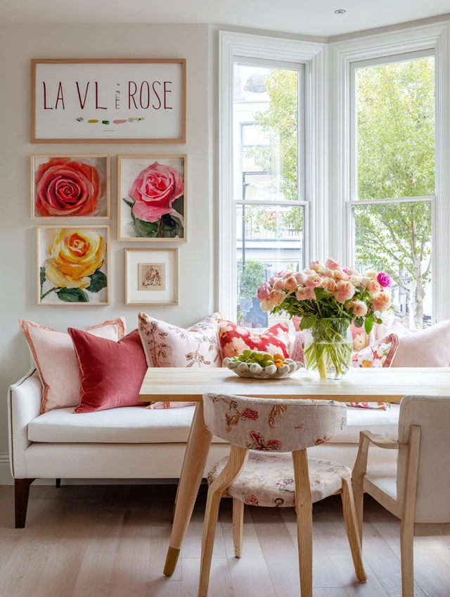 English Home Dining Nook Pastel Colors and Floral Decor