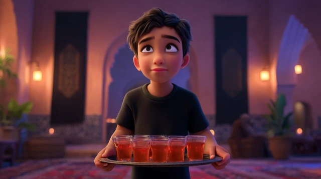 Boy with Tea in Mosque at Night