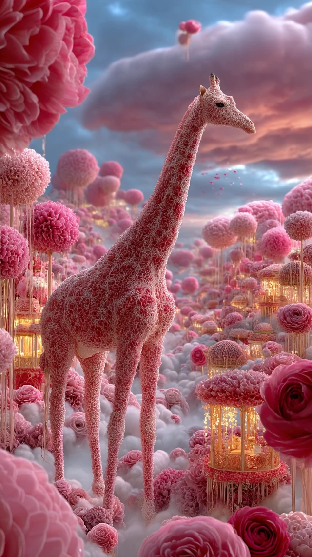 Dreamy Floral Giraffe in a Floating Flower Market