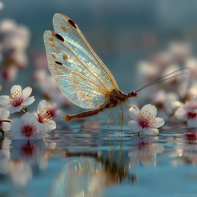 Mayfly over Spring Flowers Crystal Clear River