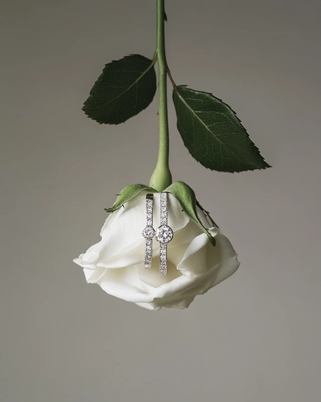Diamond Rings on White Rose Product Photography