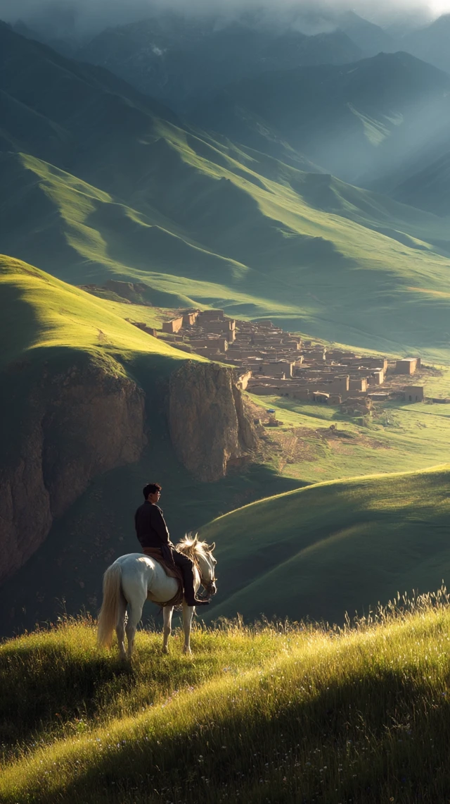 Chinese Man on Horse in Spring Landscape