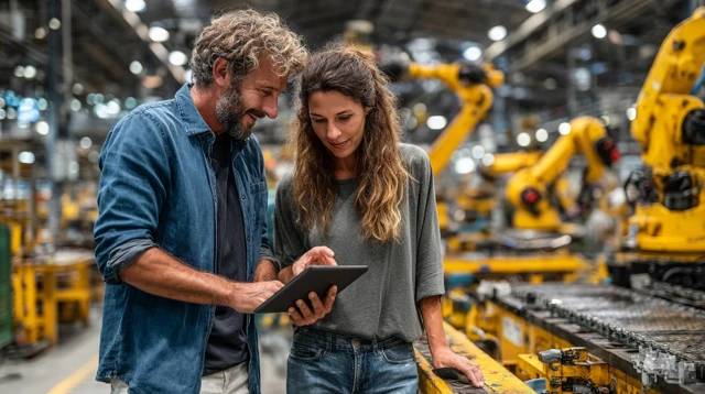 Business Team Analyzing Production Data in Factory