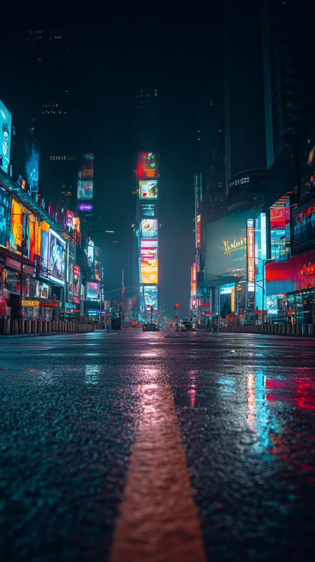 Empty Times Square at Night Neon Lights Reflections