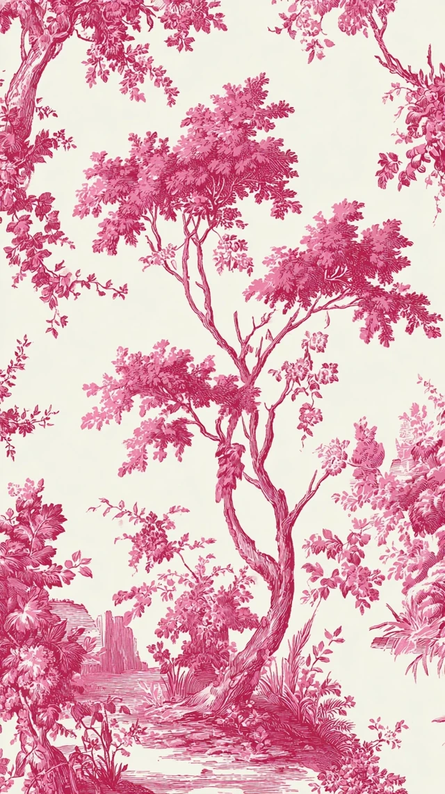 Pink Toile de Jouy Pattern Trees Flowers