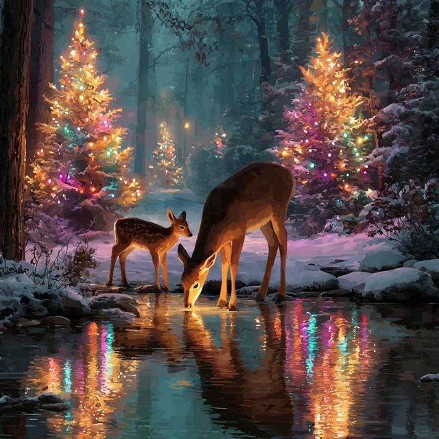 Winter Wonderland Deer Scene with Christmas Trees
