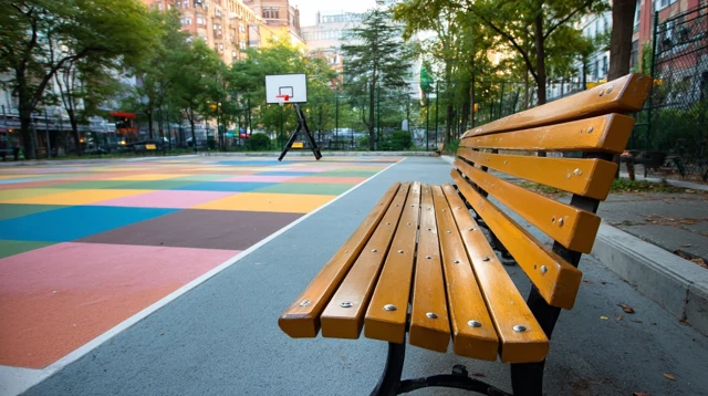 Wooden Bench with Basketball Court Park Scene