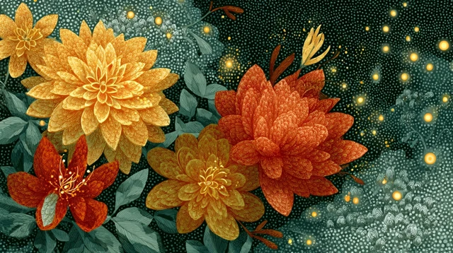 Whimsical Flower Illustration Japanese Woodblock