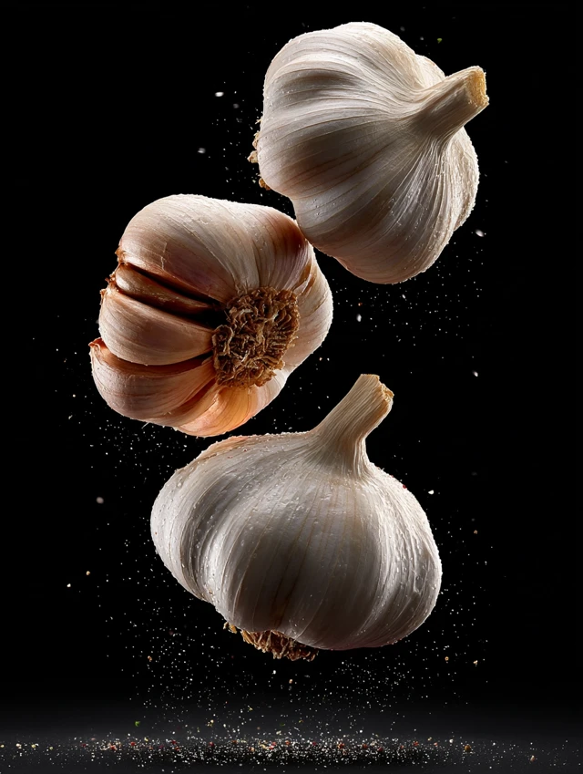 Garlic Cloves in Mid Air Food Photography