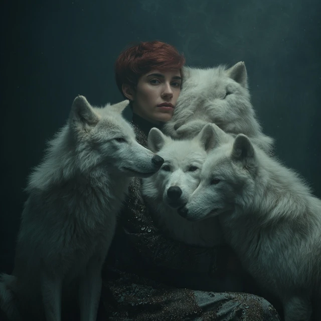Woman Embracing Snow Wolves Cinematic Photo