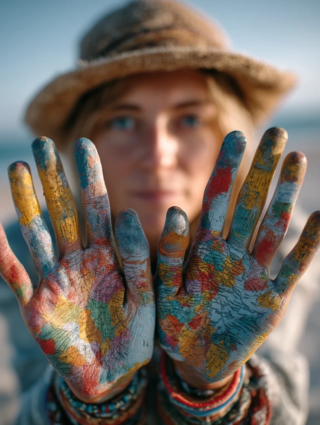 Woman with Painted Hands World Map Beach Photography
