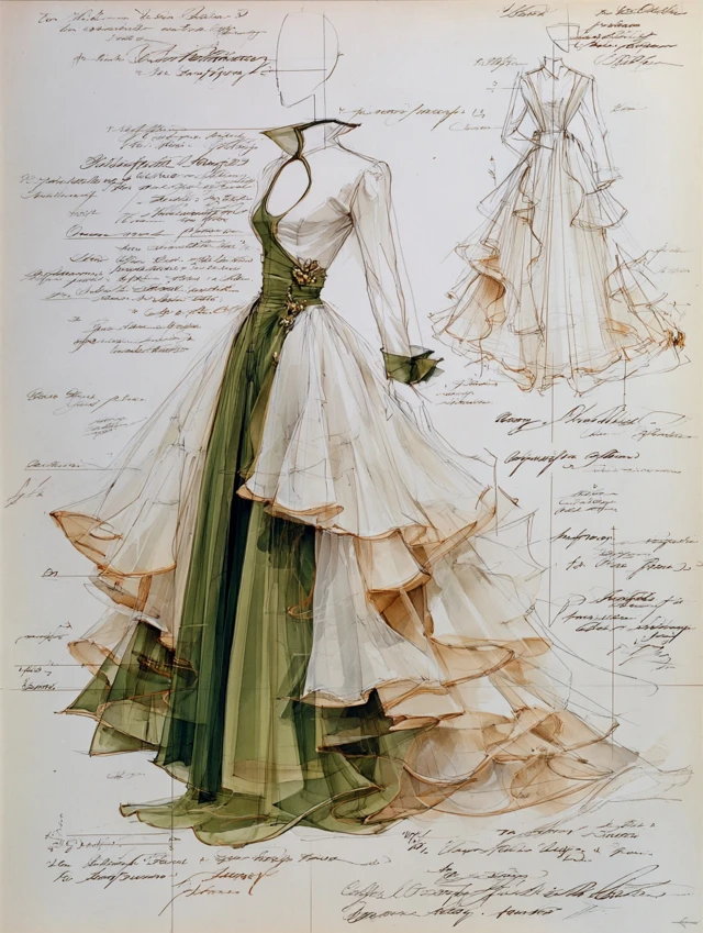 Evening Gown Design White Dress with Golden Green Accents