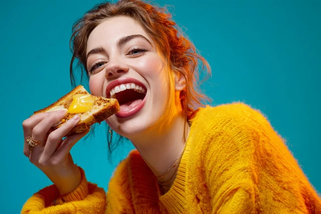 Joyful Woman Eating Toast Lifestyle Editorial