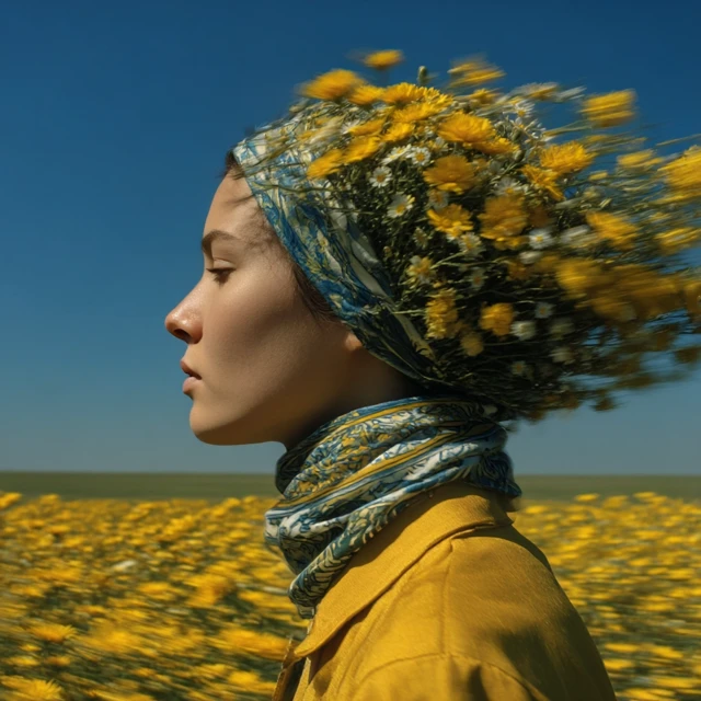 Woman with Flowers in Field Cinematic Elegance