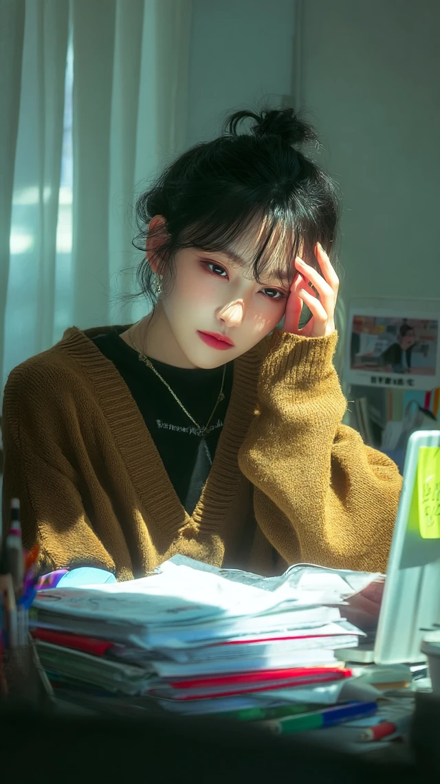 Beautiful Korean Woman Studying At Desk HDR Lighting