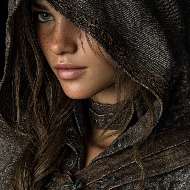 Female Traveler in Hood Photorealistic Close Up