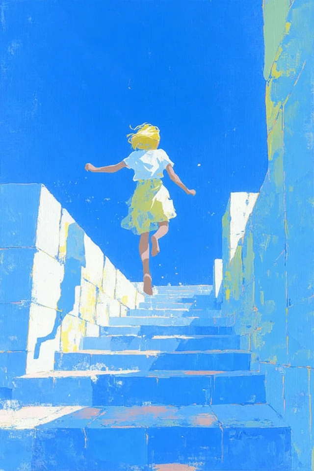Girl Jumping on Stairs Pastel Oil Painting
