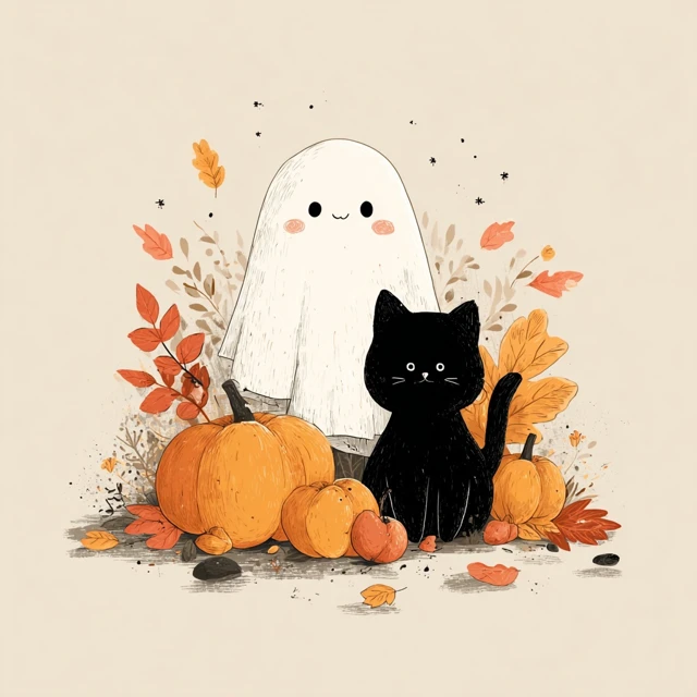 Halloween Cat Ghost Pumpkin Patch Illustration