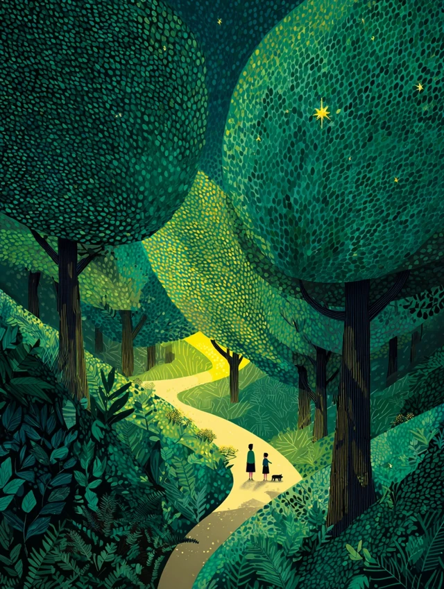 Enchanted Forest Illustration Dreamy Walk at Night