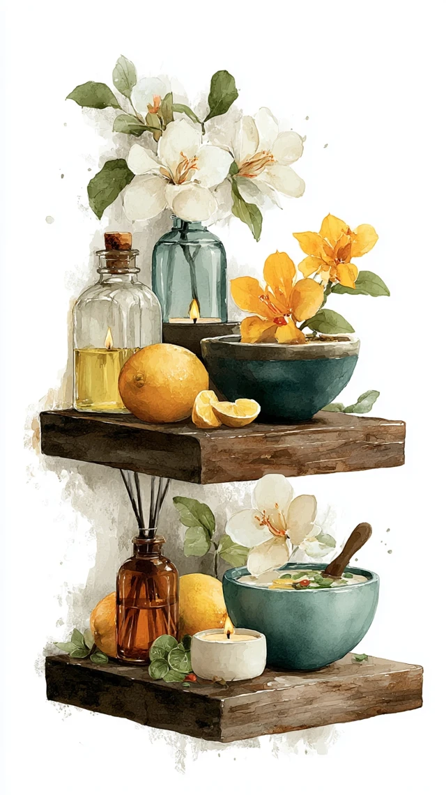 Watercolor Bathroom Decor Shelf with Candles and Lemons