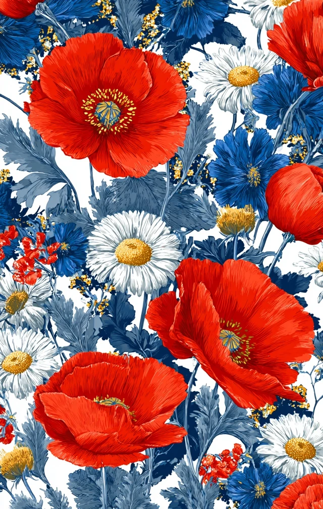 Red White and Blue Floral Pattern Poppies and Daisies