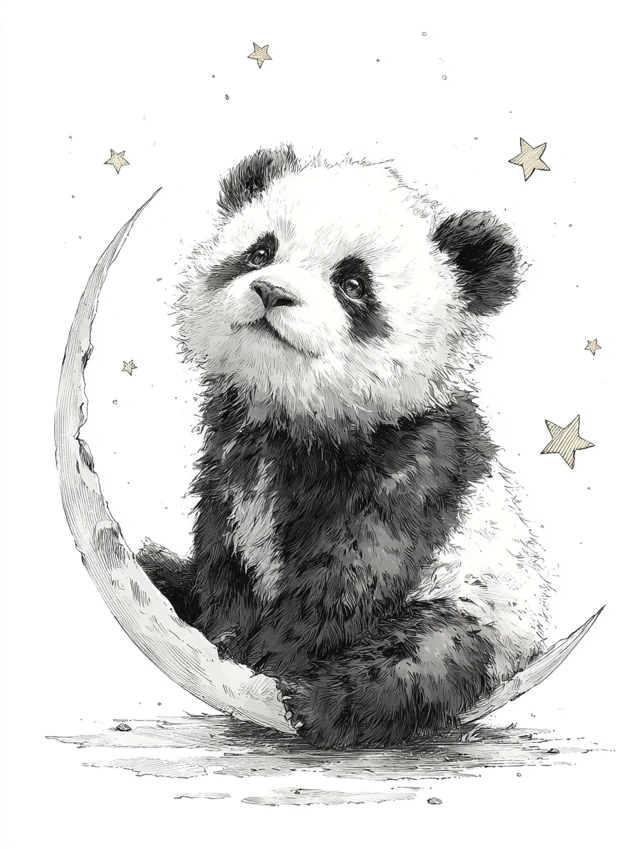 Cute Panda Fishing for Stars on the Moon Cartoon Illustration