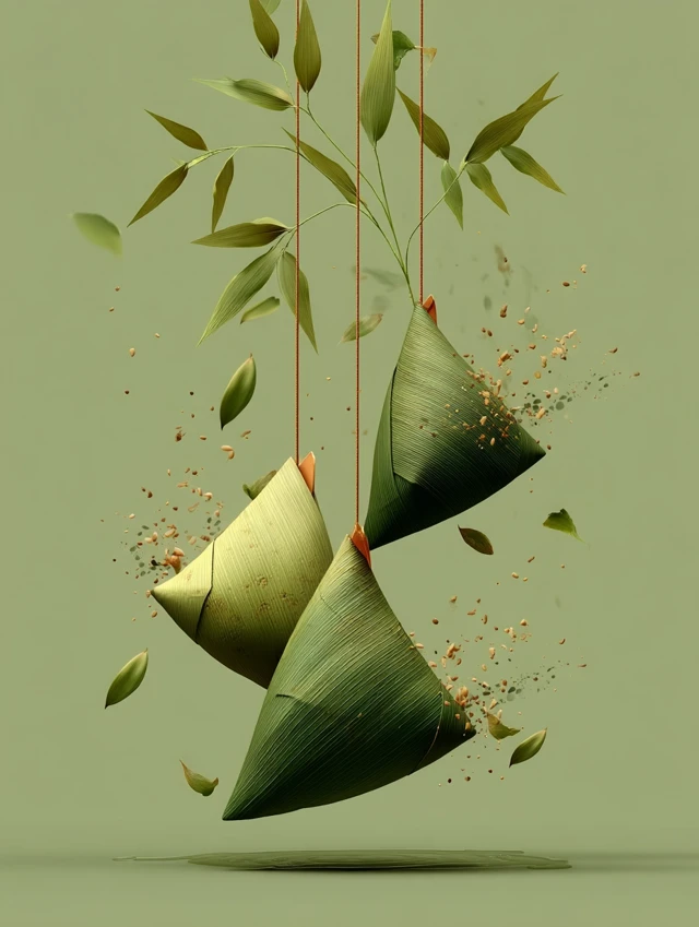 Floating Zongzi with Bamboo Leaves 3D Render
