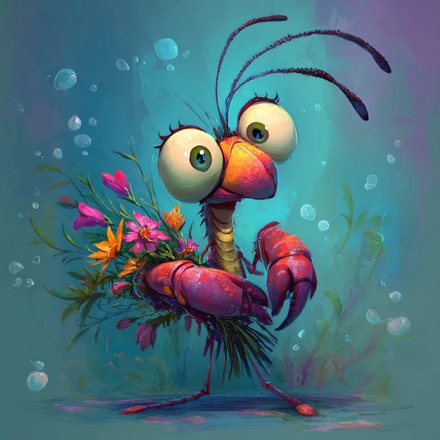 Crazy Shrimp with Flowers Cartoon Character
