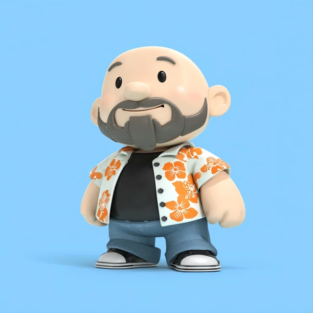 Cartoon Bald Bearded Man in Hawaiian Shirt