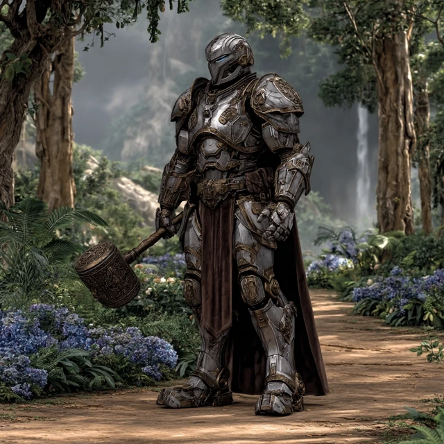 Photorealistic Warforged Knight with Mace and Thunder Gauntlets