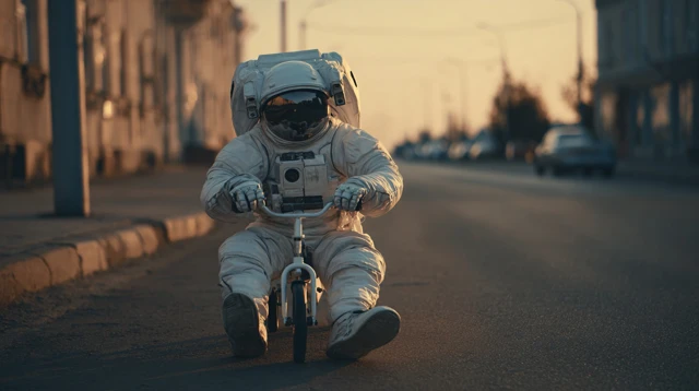 Astronaut on Scooter Golden Hour Fun 4K