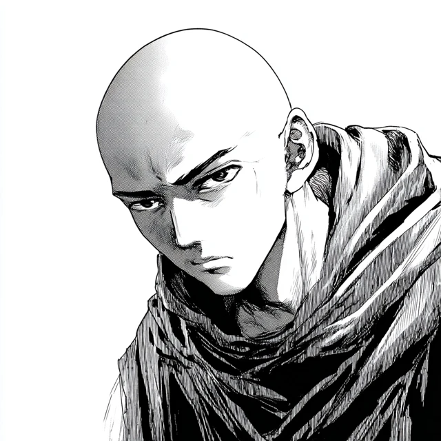 Bald Man Manga Style Black and White