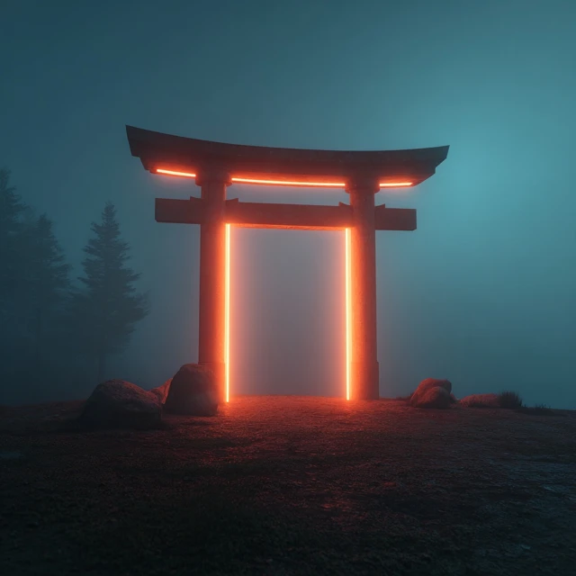 Neon Torii Gate in Foggy Landscape