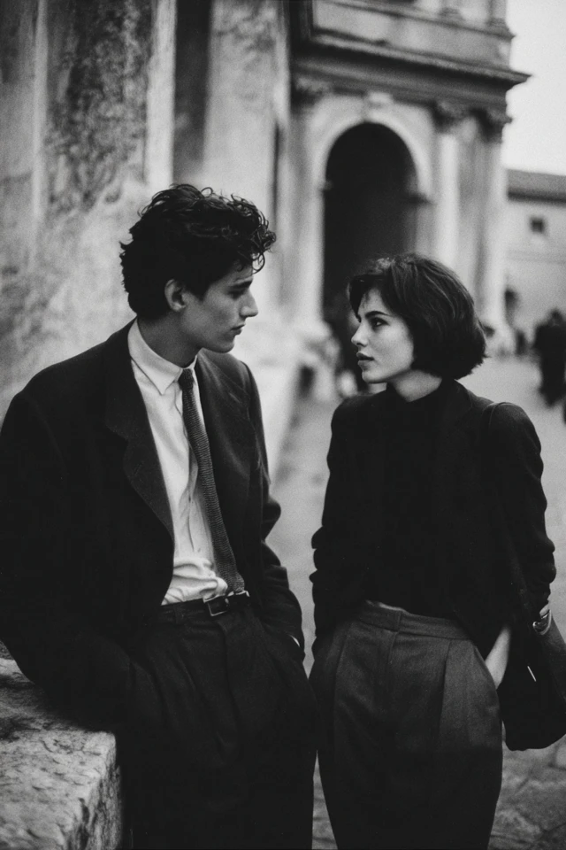 Young Couple Talking in Italy 1960s Black and White