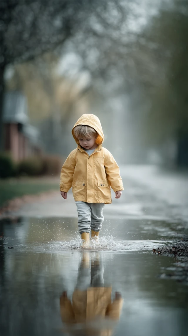 Child in Raincoat Playing in Puddle