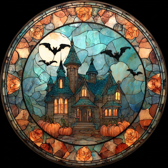 Halloween Stained Glass House Illustration