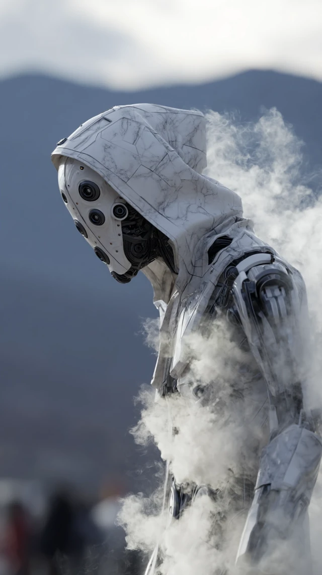 Marble Robot in Smoke Cinematic Hyperrealism