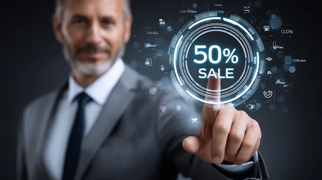 Businessman Pointing at Discount Icon on Screen
