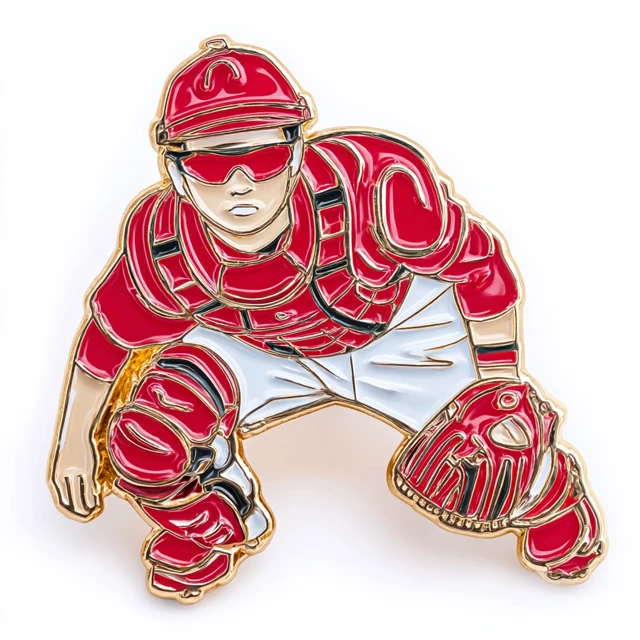 Baseball Catcher Enamel Pin Red Jersey Action Pose