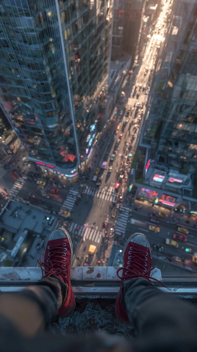 City View From Above Red Sneakers On Rooftop