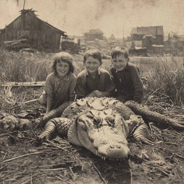1910 Photo Children with Giant Alligator