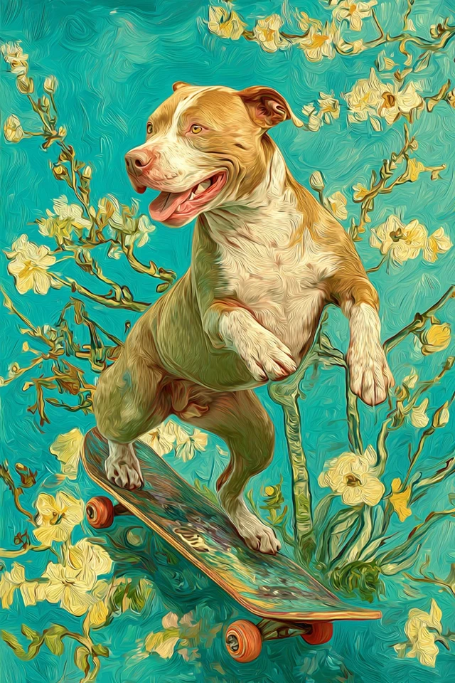 Pitbull Dog on Skateboard Van Gogh Style