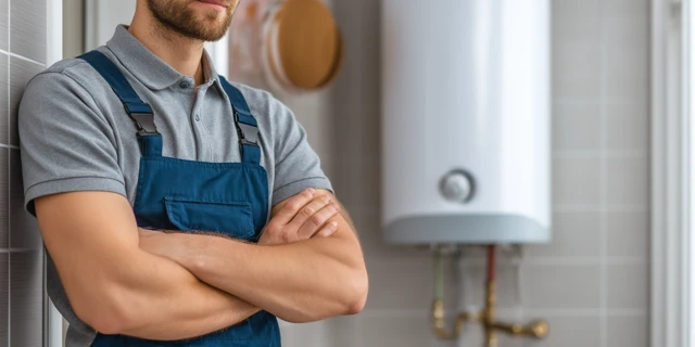 Professional Plumber by Water Heater High Detail Photo