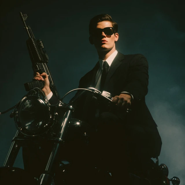 Man in Suit with Rifle Motorcycle Yves Saint Laurent