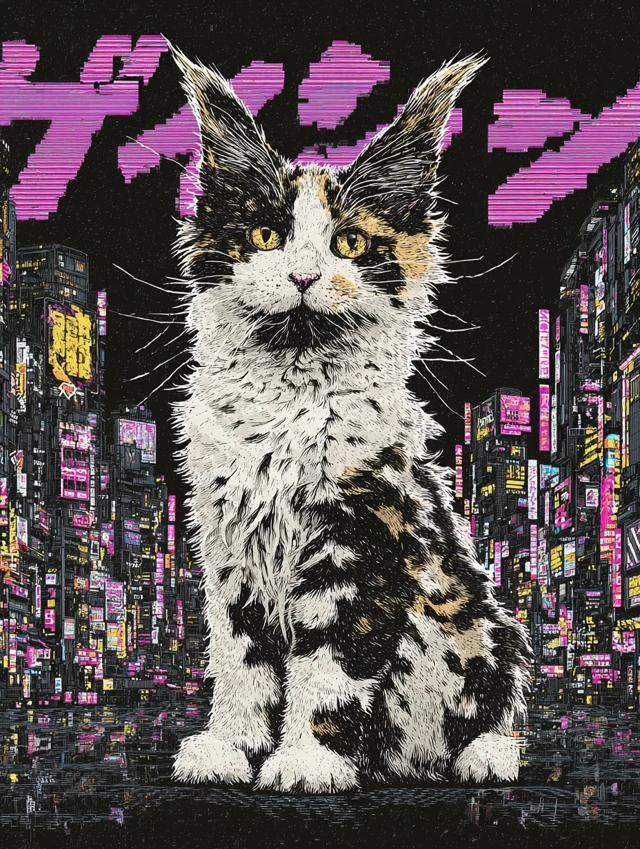 Cyberpunk Cat Neon City Collage